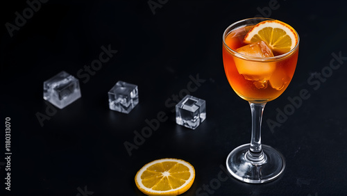 An Amaretto Sour in a lowball glass, isolated on a dark slate background with decorative ice cubes and citrus slices photo