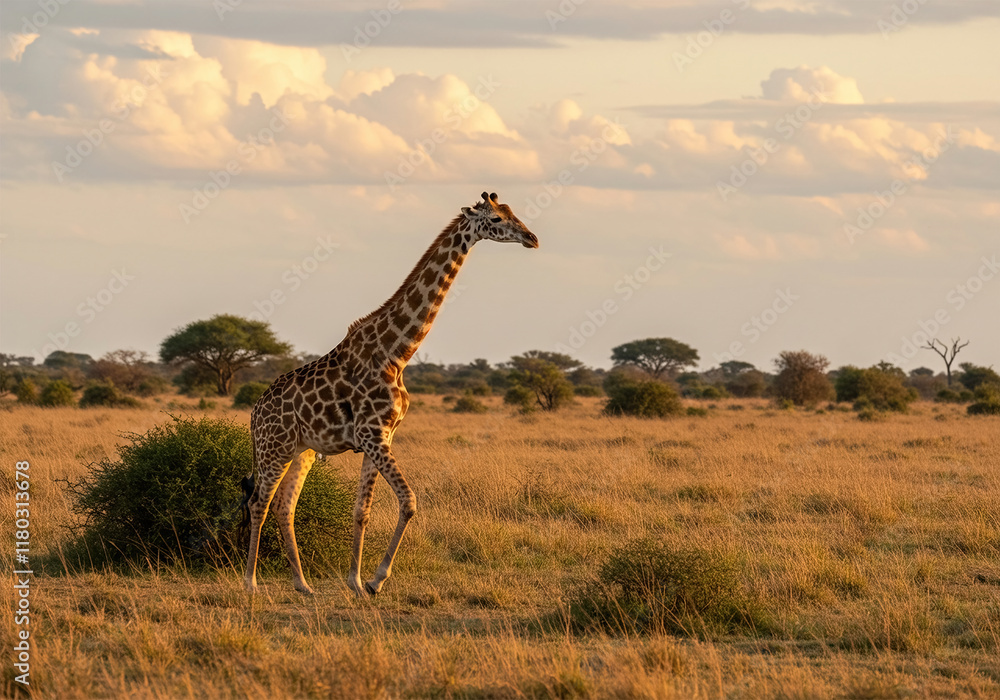 Fototapeta premium One giraffe walk through the savannah between the plants