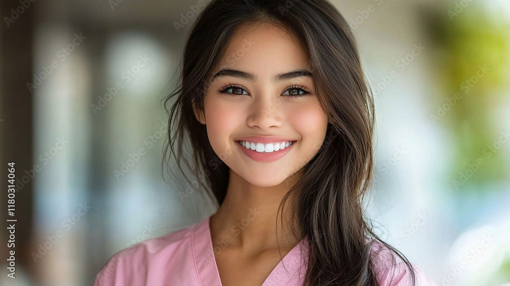 Smiling medical professional beautiful female in pastel scrubs in a blurred hospital setting conveying warmth care and trust with empty blank caption space on the side for customizable messages
Smiling medical professional beautiful female in pastel scrubs in a blurred hospital setting conveying warmth care and trust with empty blank caption space on the side for customizable messages