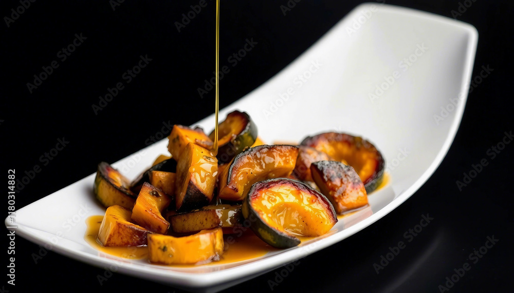 Gourmet presentation of roasted delicata squash glazed with honey, garnished with star anise and spices, served on a rustic dinner table arrangement.
Gourmet presentation of roasted delicata squash glazed with honey, garnished with star anise and spices, served on a rustic dinner table arrangement.