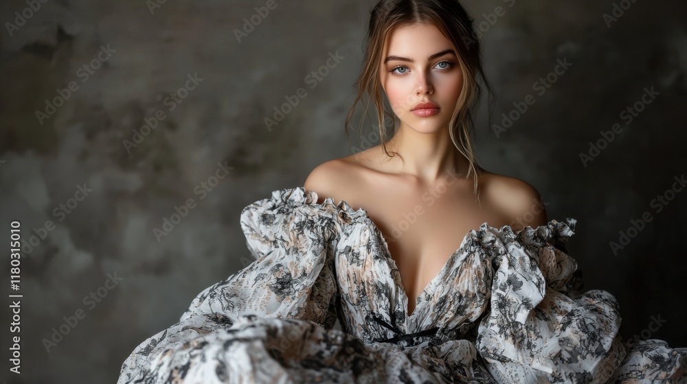 Fototapeta premium A woman in a black and white dress is posing for a photo