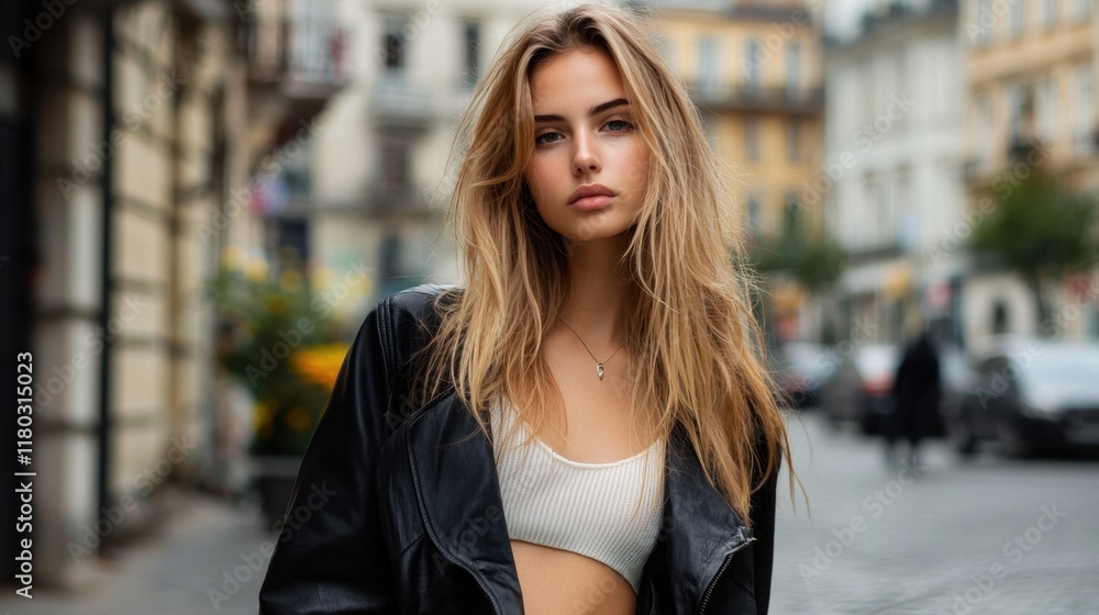 A woman with blonde hair and a black jacket is standing on a city street A woman with blonde hair and a black jacket is standing on a city street