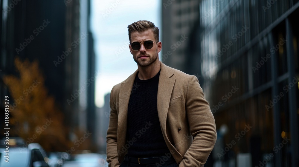 Fototapeta premium A man in a tan coat and black shirt stands in front of a building