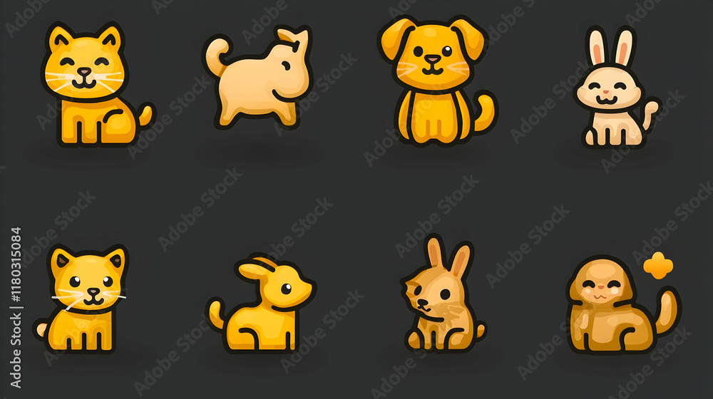 Fototapeta premium Cute cartoon animals icons on dark background.