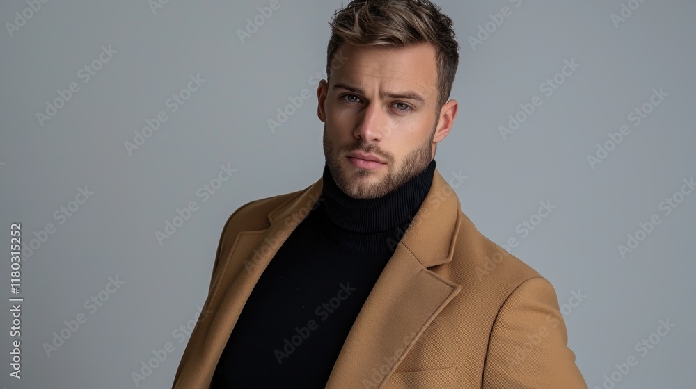 Obraz premium A man in a tan coat and black sweater is posing for a photo