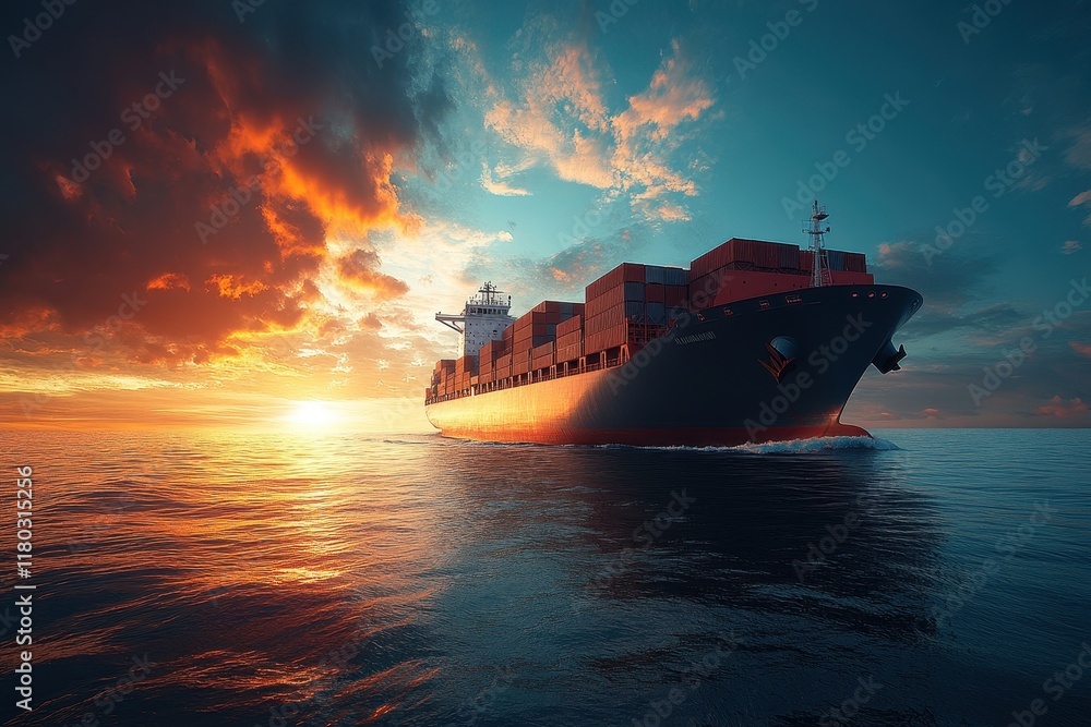 Cargo Concetp. Cargo ship sailing at sunset over calm waters. Cargo Concetp. Cargo ship sailing at sunset over calm waters.