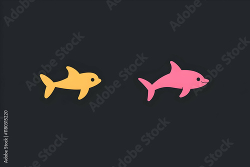 Two playful dolphins, simple flat design, dark background, aquatic animal icons. photo