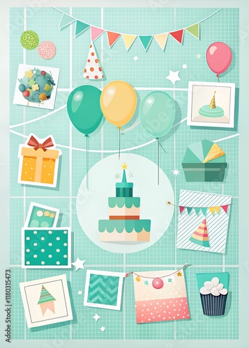 Colorful celebration decorations featuring a layered cake, balloons, and festive elements perfect for a joyful party atmosphere