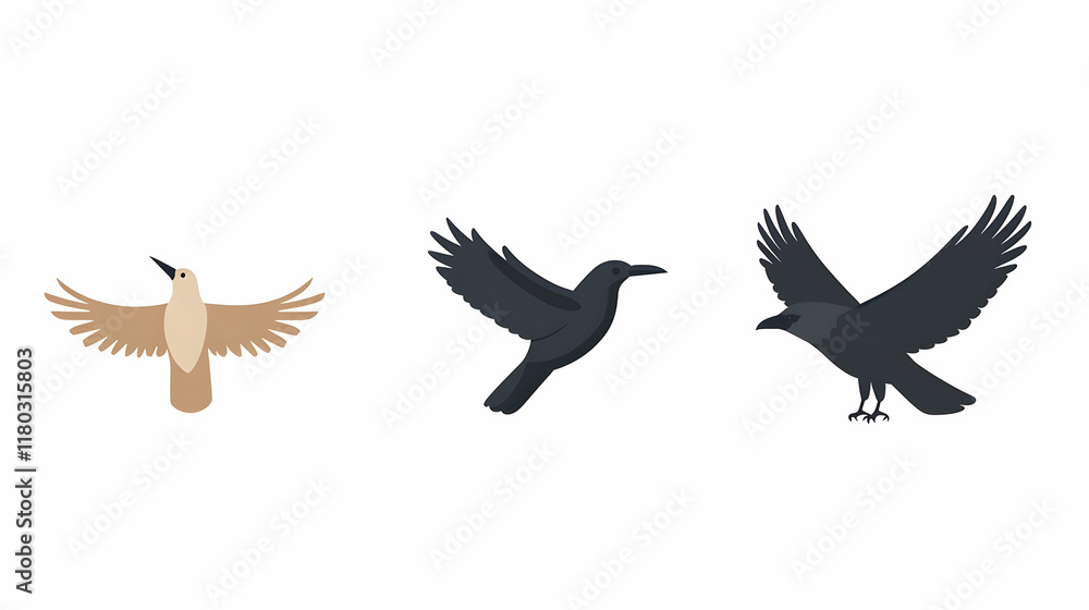 Fototapeta premium Flattened Illustration of Birds in Flight, Different Species, White Background.