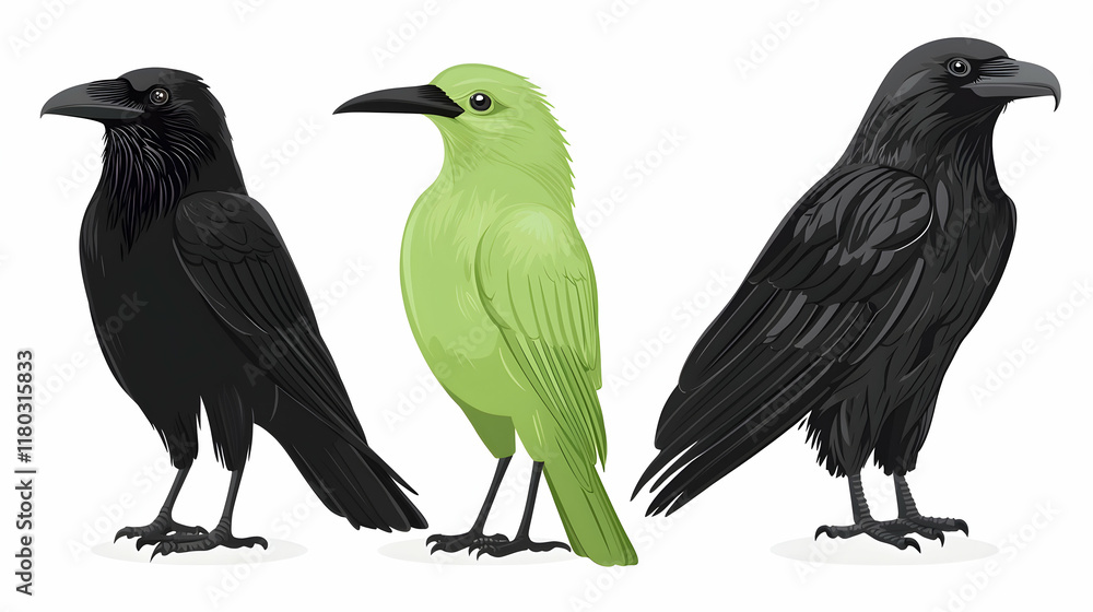 Colorful crow variations on white background. Illustration of three birds, one green, two black. Colorful crow variations on white background. Illustration of three birds, one green, two black.