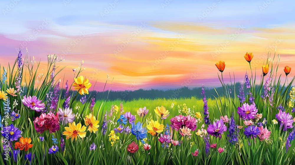 Fototapeta premium Calming Rhythm Tranquilly Soft, an impressionist painting of a quiet meadow at dusk