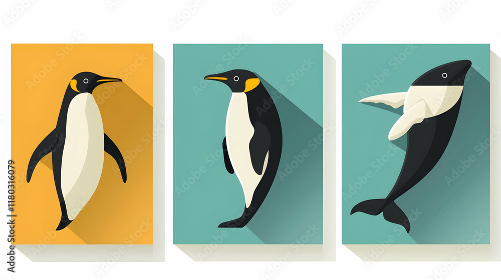 Obraz premium Antarctic wildlife trio; penguin, king penguin, whale; flat design; graphic illustration; website, app design.
