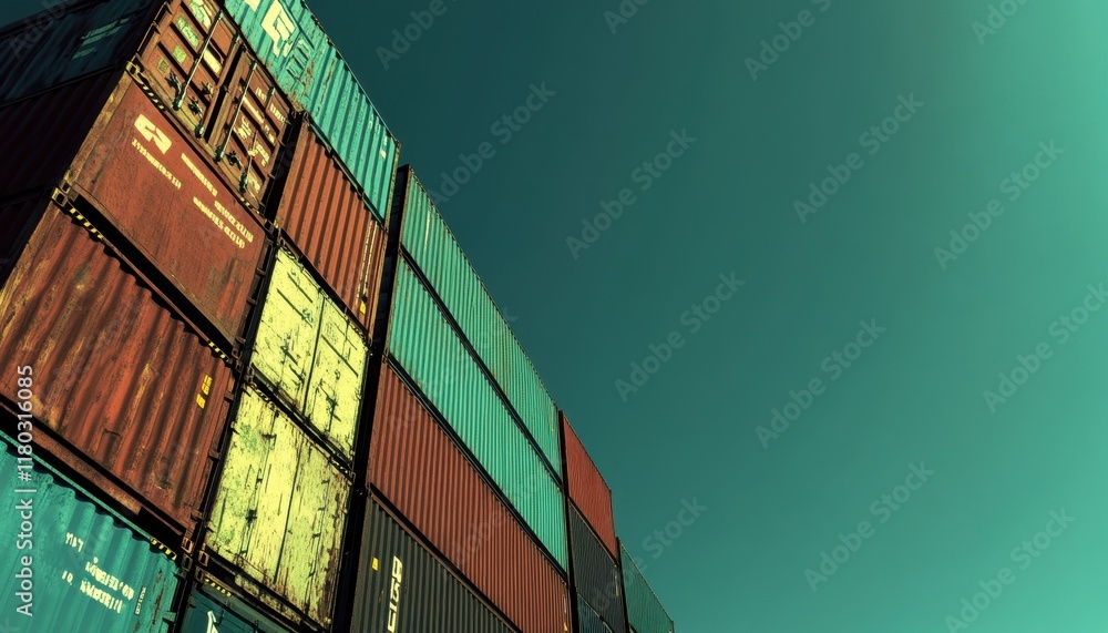 Fototapeta premium Cargo Concetp. Colorful shipping containers stacked against a clear blue sky.