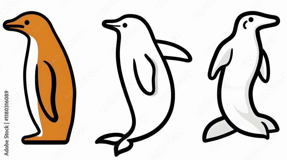 Obraz premium Cartoon Penguin and Dolphins, Side View, Simple Line Art, Isolated on White Background. Possible use for kids' book illustrations or coloring pages.