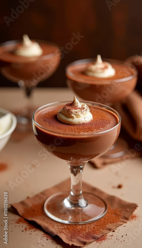 Three glasses of chocolate dessert with whipped cream on top in trendy Mocha Mousse colors