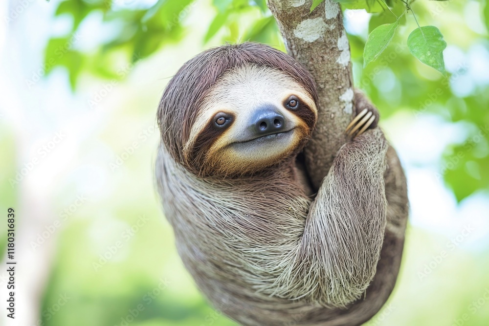 A sloth is hanging from a tree branch, relaxing in nature A sloth is hanging from a tree branch, relaxing in nature