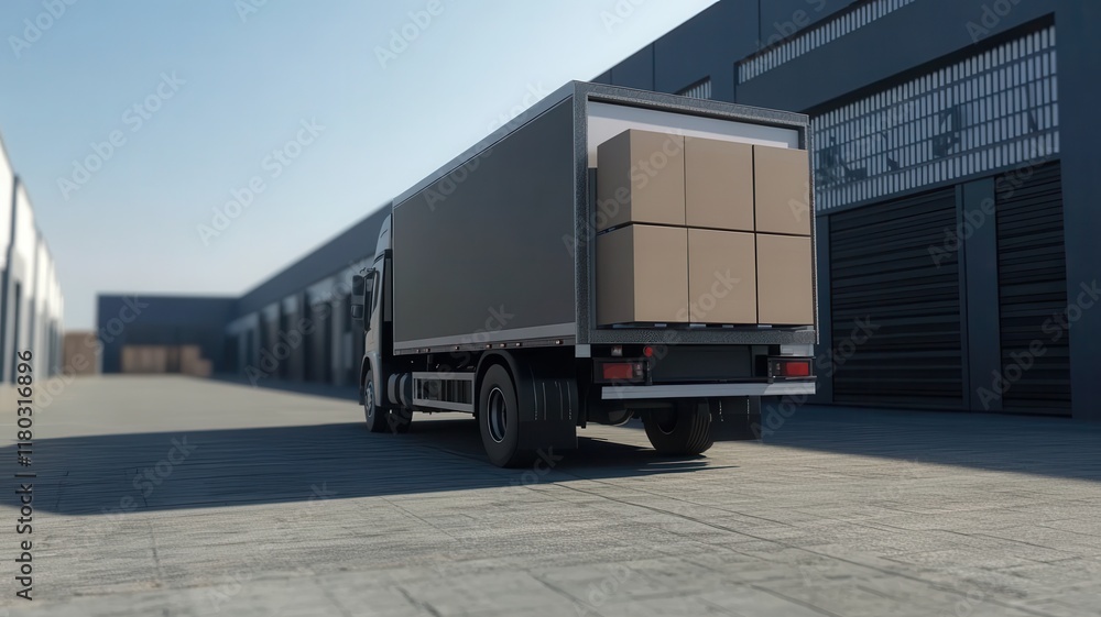 Cargo Concetp. Delivery truck parked in a warehouse area with boxes in the back. Cargo Concetp. Delivery truck parked in a warehouse area with boxes in the back.
