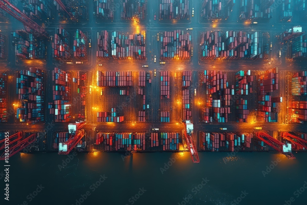 Obraz premium Cargo Concetp. Aerial view of illuminated shipping containers at night.