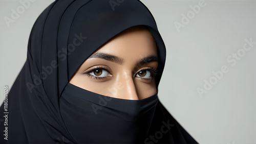 4K Ultra HD Video of Muslim Woman Wearing a Burka Looking at Camera photo