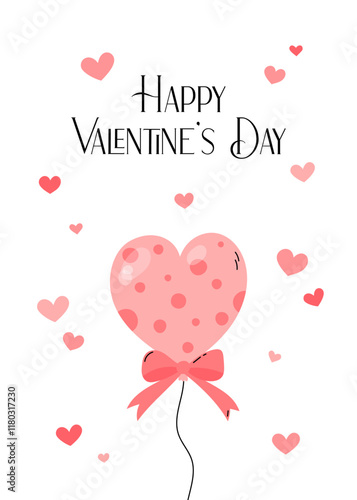 Valentines Day card. February 14 cute romantic vector illustration. Happy Valentine greeting card design vertical. Heart shaped pink balloon