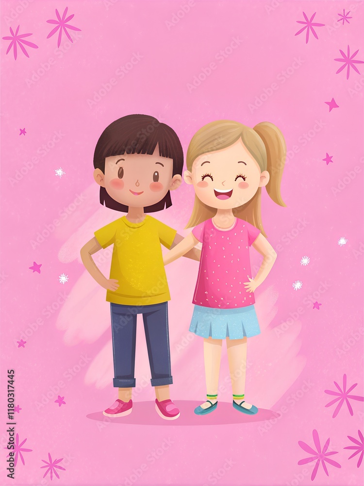 Two cheerful children display friendship and joy against a vibrant pink background during a playful summer day Two cheerful children display friendship and joy against a vibrant pink background during a playful summer day