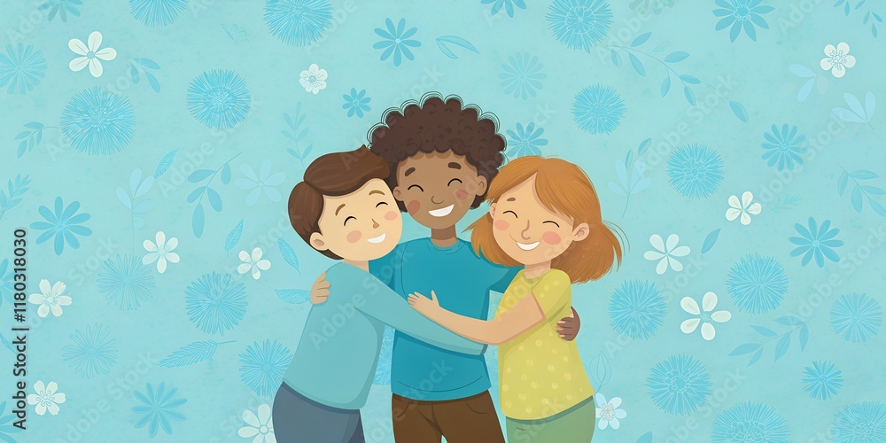 Three cheerful friends embracing each other against a playful floral background during a sunny day filled with joy and laughter Three cheerful friends embracing each other against a playful floral background during a sunny day filled with joy and laughter