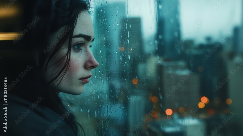 A woman gazes pensively through a rain-dappled window, the city skyline blurred beyond, suggesting introspection and urban solitude. A woman gazes pensively through a rain-dappled window, the city skyline blurred beyond, suggesting introspection and urban solitude.