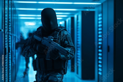 SWAT soldier in data center. Special forces in cyber war. Cybercrime, cybersecurity concept. Data and network protection. Armed FBI agent, police officer in AI cluster corridor. Security guard photo