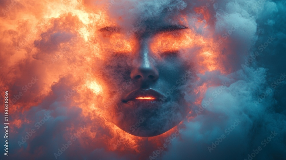 Abstract face emerging in fiery clouds Abstract face emerging in fiery clouds