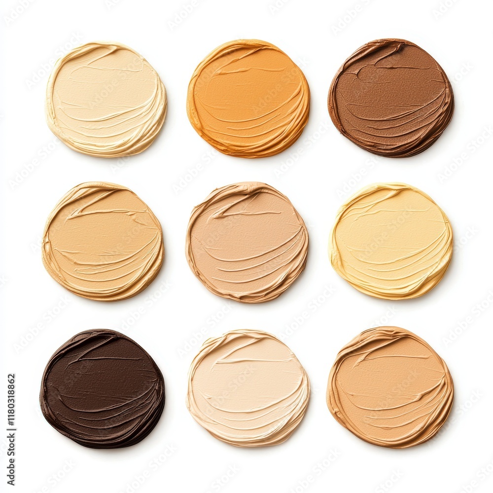 Fototapeta premium Nine circular swatches of various shades of beige and brown, showcasing a range of skin tones or paint colors.