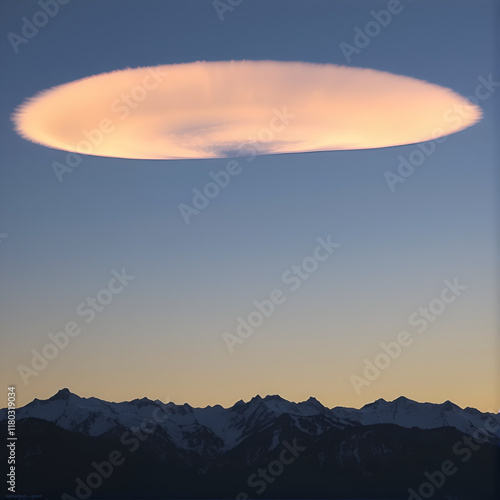 A lenticular cloud hangs over snow-capped mountains at sunset. photo