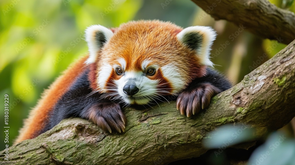 Fototapeta premium A close-up view of a red panda sitting on a tree branch, looking directly at the camera