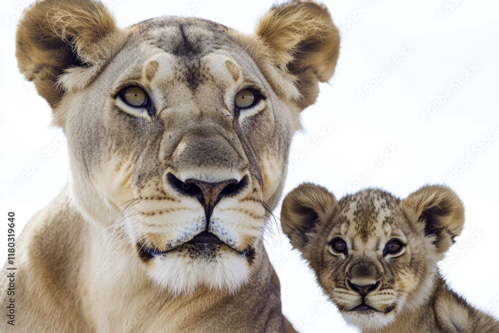 A portrait of a lion and its baby, both with bright eyes A portrait of a lion and its baby, both with bright eyes