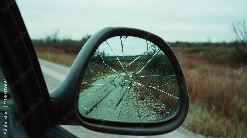 Rear-view mirror reflects a cracked road, symbolizing journeys and past experiences as seen from the vehicle, invoking reflection on the path traveled. Rear-view mirror reflects a cracked road, symbolizing journeys and past experiences as seen from the vehicle, invoking reflection on the path traveled.