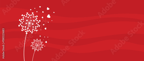 Dandelion with hearts. Happy Valentine's day greeting card. Lovely romance flower. Congratulation with Love. Valentine's day Vector illustration background.