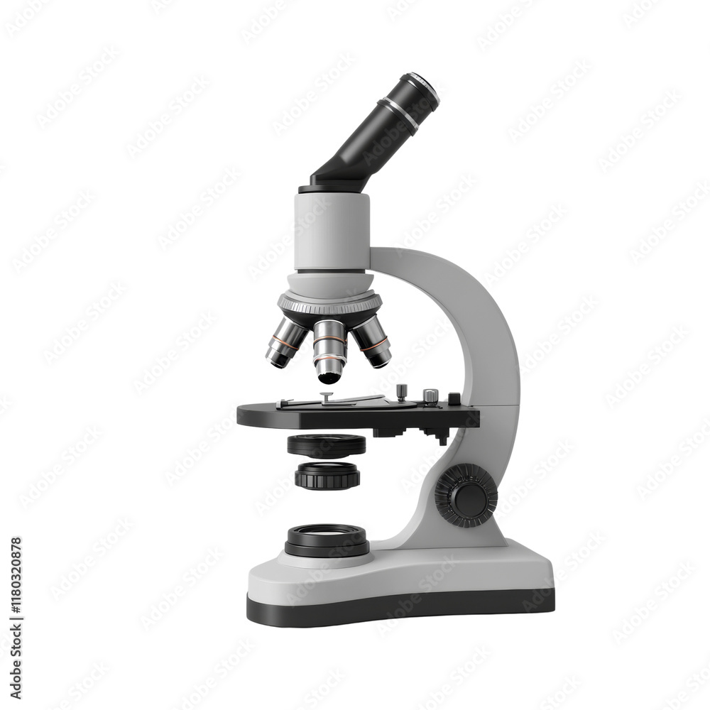 A detailed 3D rendering of a disassembled modern compound light microscope against a plain white background. A detailed 3D rendering of a disassembled modern compound light microscope against a plain white background.