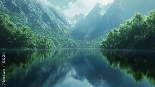 Tranquil Mountain Lake with Reflective Waters and Lush Greenery