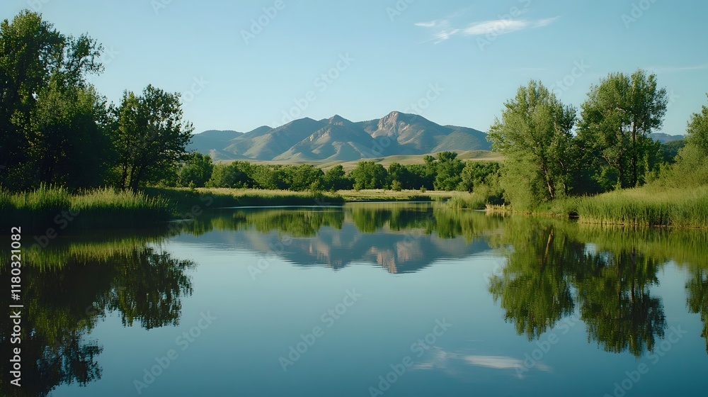 Tranquil Mountain Lake with Reflective Waters and Lush Greenery Tranquil Mountain Lake with Reflective Waters and Lush Greenery