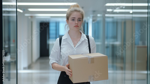 Disheartened professional carrying a box of personal items, walking past glass-walled meeting rooms, the expression of disappointment clear on her face. photo