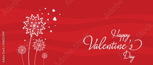 Dandelion with hearts. Happy Valentine's day greeting card. Lovely romance flower. Congratulation with Love. Valentine's day Vector illustration background.