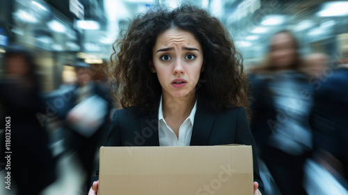 Upset woman holding a cardboard box with her belongings, framed by the blurred, bustling activity of a busy office she is leaving behind. photo