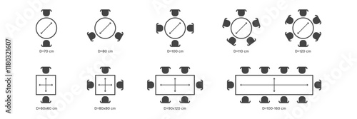 Size of Tables for cafe or restourant. Set of Table Seats. Plan Chairs and Tables. Vector illustration