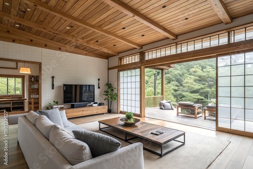 Wallpaper Mural Modern Living Room with Wooden Ceiling and Large Windows, Japandi Style.	 Torontodigital.ca