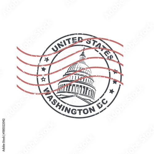 postal stamp with United States Capitol building in Washington DC isolated on white backgrpound