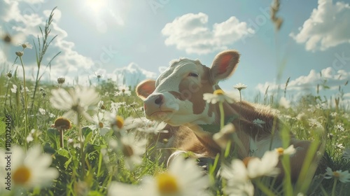 Relaxed cow basking in a vibrant green pasture on a sunny day with a cloudy sky backdrop photo