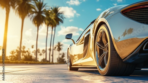 Close-up of a sleek gold sports car parked under palm trees during a sunny day, reflecting luxury and elegance