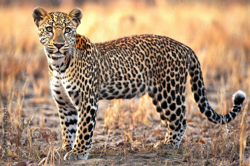 A young leopard stands in the grass, looking at the camera A young leopard stands in the grass, looking at the camera