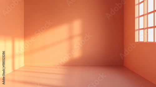 A simple terracotta space with sunlight reflecting through the window. A simple terracotta room with soft sunlight.