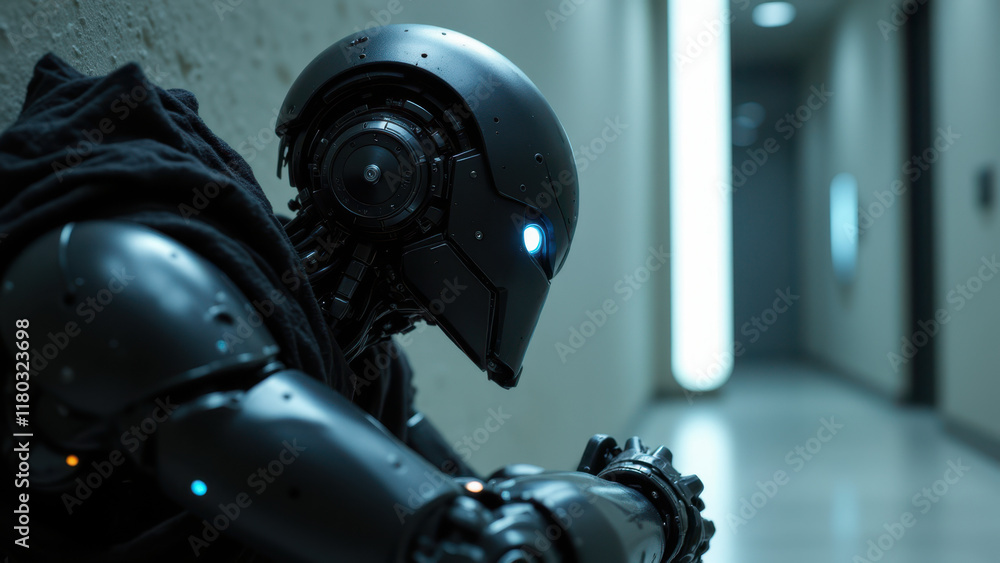 Fototapeta premium A humanoid robot with a cloak leaning against a wall, seemingly contemplating something.