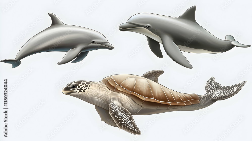 Fototapeta premium Marine Life Illustration Dolphins and Turtle against White Background.